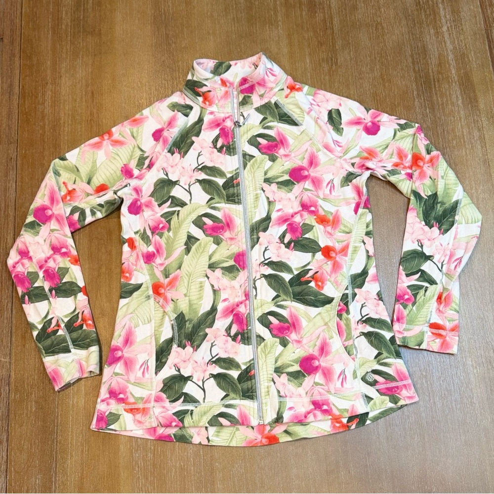 Tommy Bahama Full Zip Sweatshirt Women’s Floral Ribbed‎ Cotton Stretch Sz XS